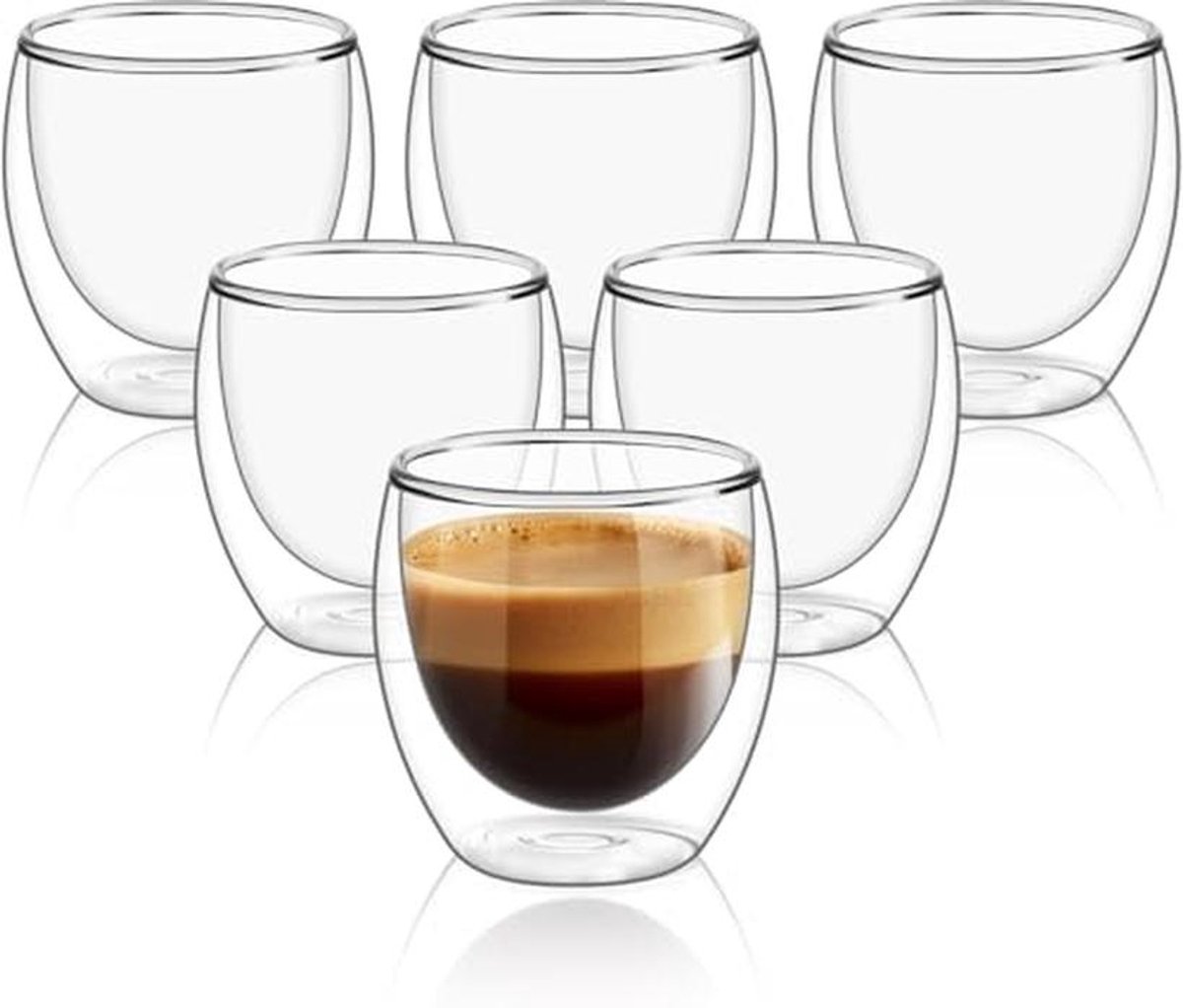 Dubbelwandig thermoglas espressokopjes - Set van 6 voor Latte en Iced Americano - 80 ml