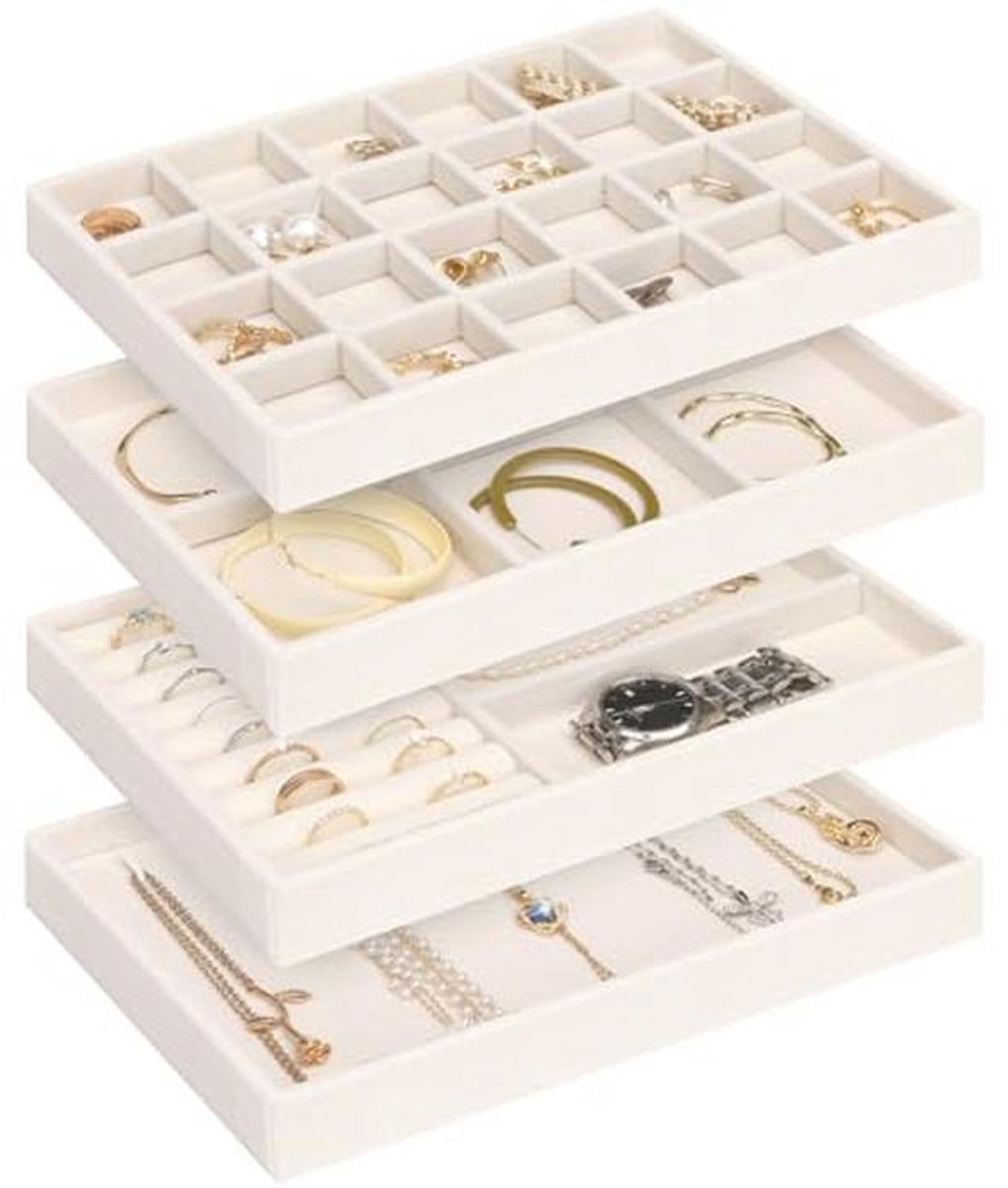 Set van 4 stapelbare sieraden organizer trays – Fluwelen lade inserts voor oorbellen, kettingen, armbanden en ringen