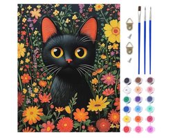 Schilderen op Nummer voor Volwassenen - Kleurrijk Kat en Bloemen Canvas Kunst