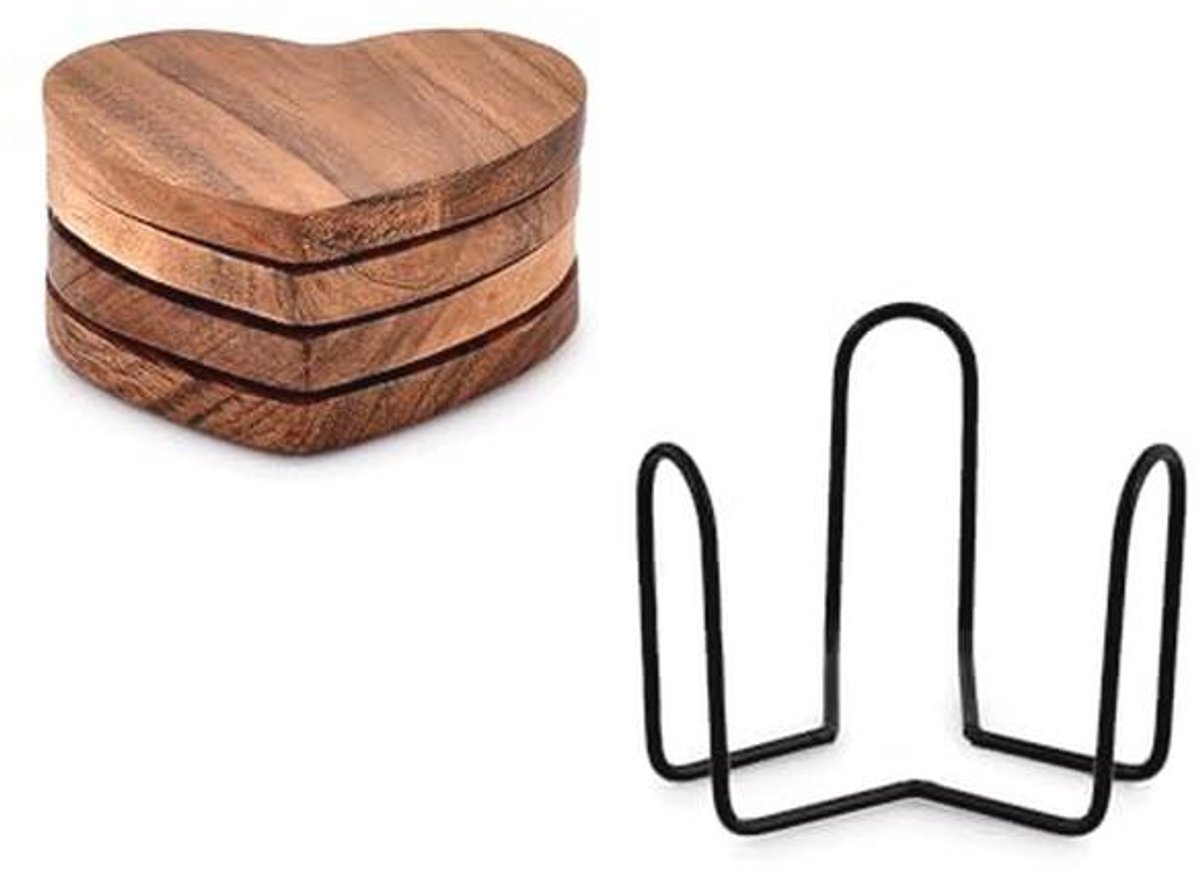 Hartvormige acaciahouten onderzetters - set van 4 met houder voor tafel en decoratie