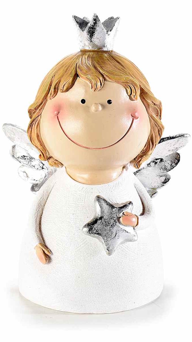 Decoratieve Kerstengel met Glitter - Wit - met Ster - 11 x 8 x 15,5 cm - Resin - Kerstdecoratie