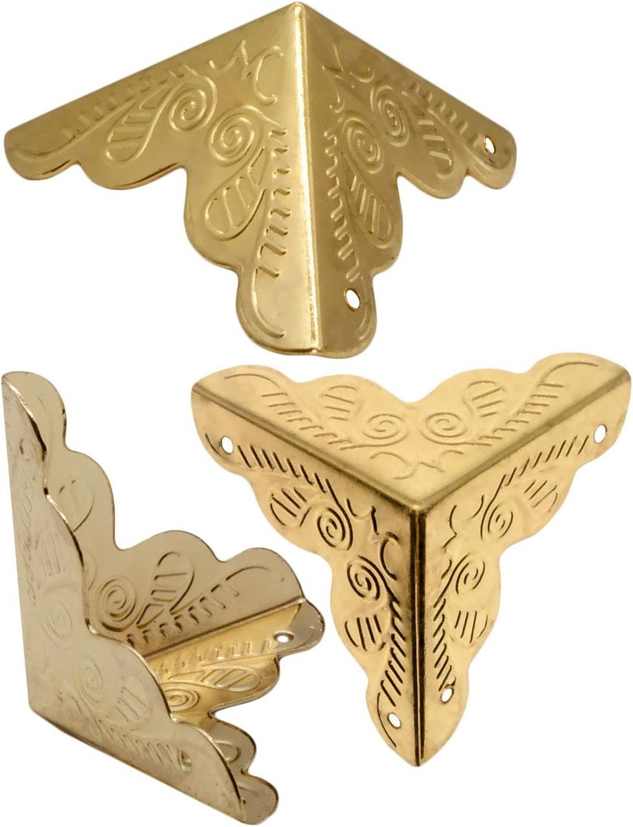 10 x antieke meubelhoeken, beschermende hoeken, hoekbeschermers, randbescherming, fittingen voor dozen, meubels, plank, tafel, goudgoud, messing look, inclusief spijkers, set van 10 stuks