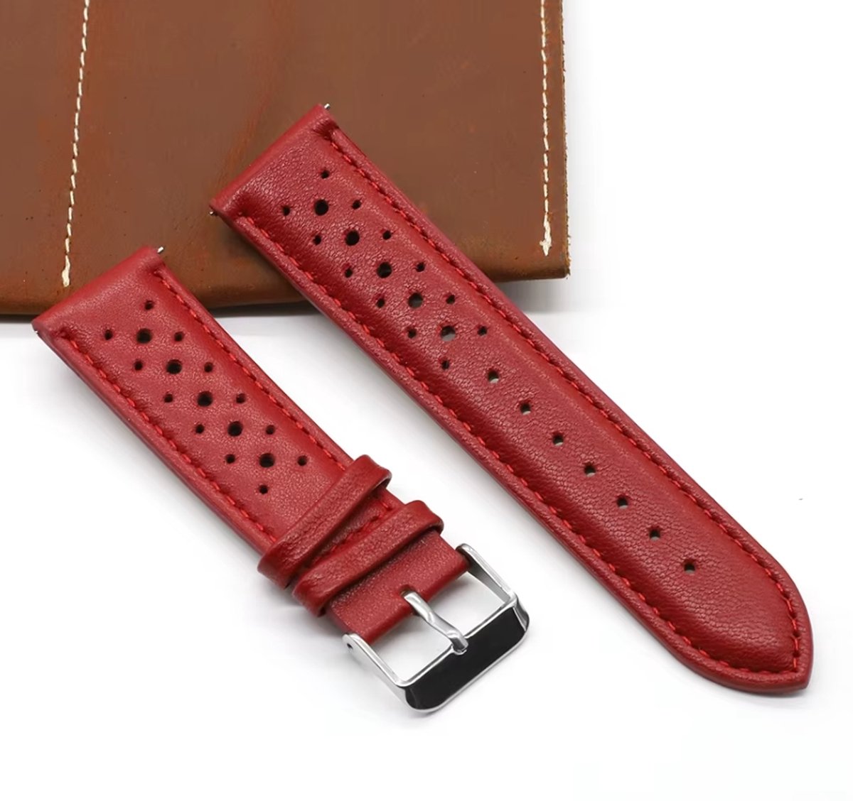 Actie4you® - Race Horlogebandje Kalfsleer - Makkelijk Zelf te Verwisselen - Horloge Band - Echt Leder - Rood - 22MM