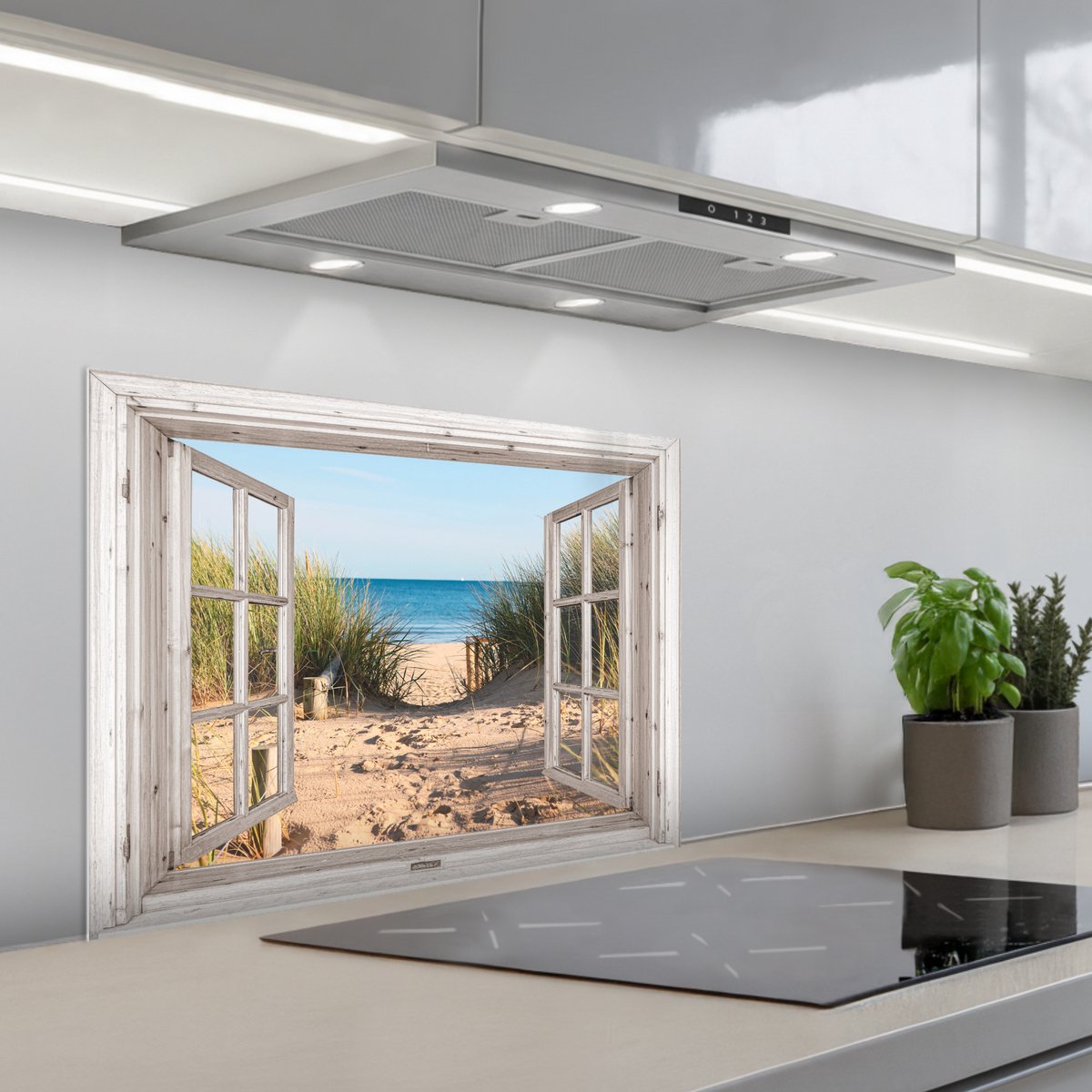 Spatscherm 70x50 cm - Zelfklevende achterwand Doorkijk - Strand - Zee - Duinen - Zand - Water - Helmgras - Keuken muurbeschermer - Spatwand fornuis