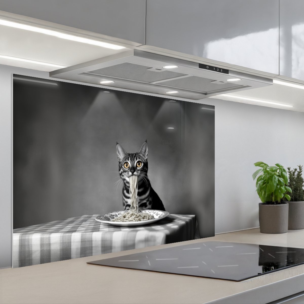 KitchenYeah Spatscherm 90x60 cm Zelfklevende achterwand Bengaal Kat Tafelkleed Zwart Wit Dier Keuken muurbeschermer Spatwand fornuis