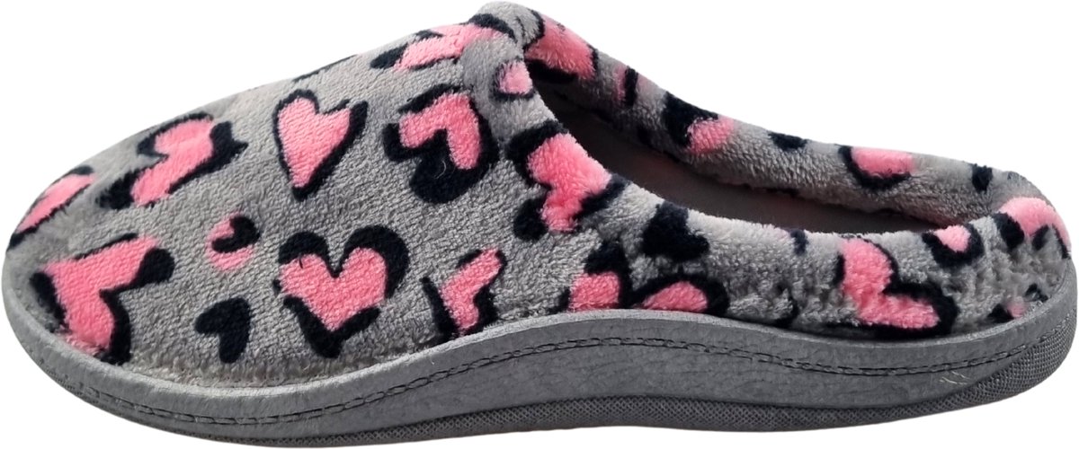 Instap sloffen dames grey panter hearts - heerlijk zacht met harde zool 39