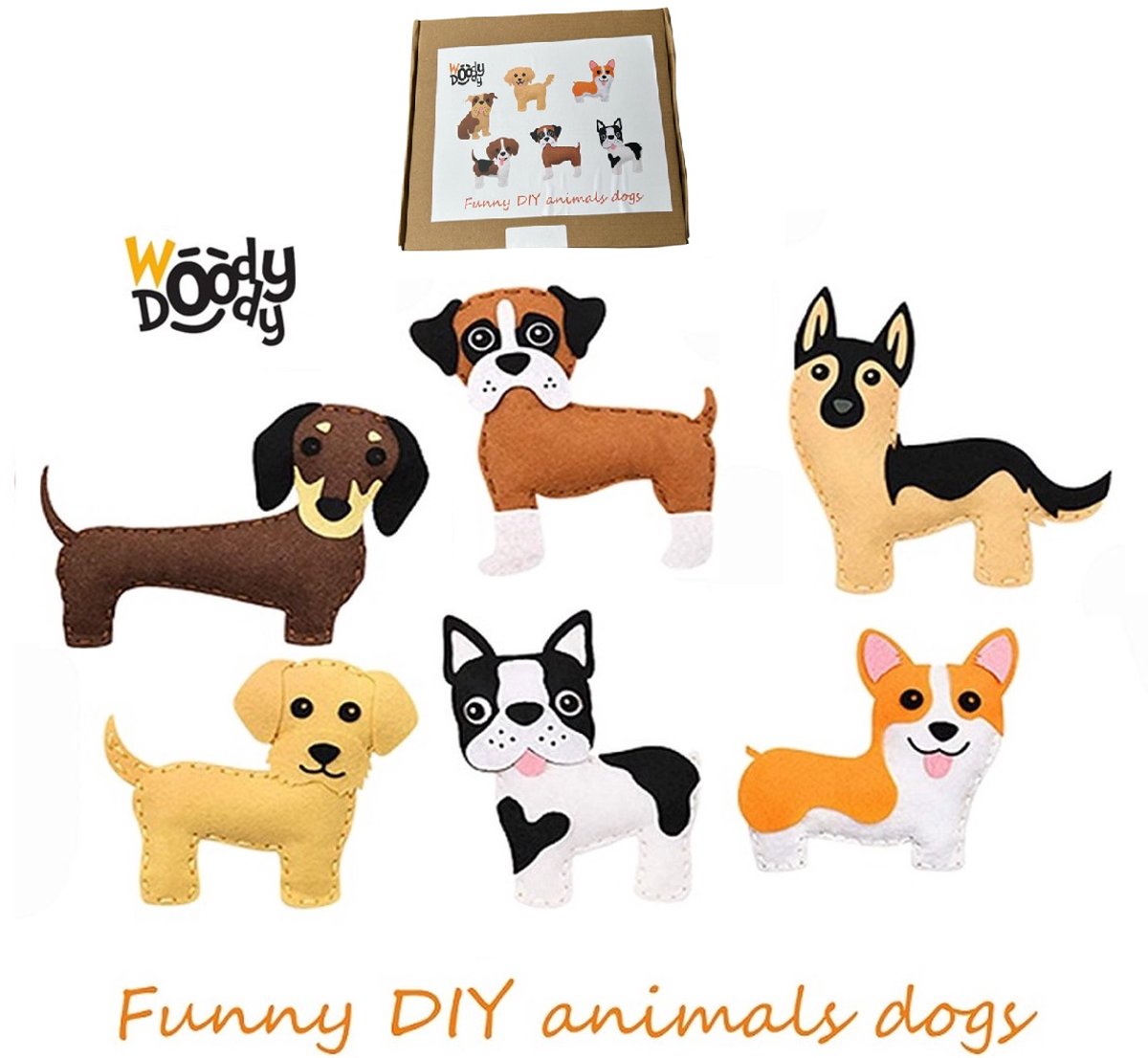 WoodyDoody Naaiset Knutselpakket Extra Large met Honden Puppy's 6 stuks Extra Large Formaat 20x20 cm - Knutselen Meisjes - Knutselen Jongens - Knutselpakket Meisjes en Jongens - Honden en Puppy's Knuffels Maken - Naaiset voor Kinderen