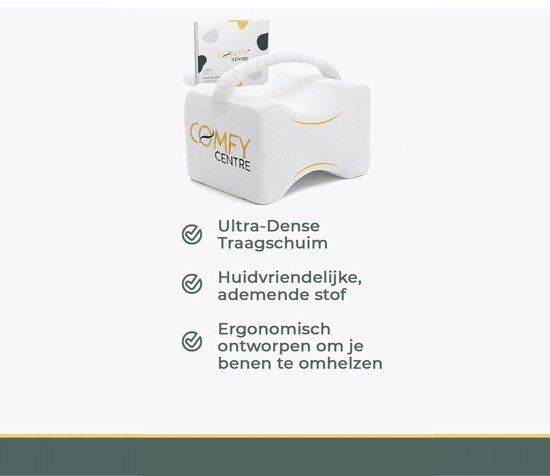 Wit ergonomisch kniekussen met handvatten en Comfy Centre logo. Tekst: Ultra-Dense Traagschuim, Huidvriendelijke stof, Ergonomisch ontworpen.