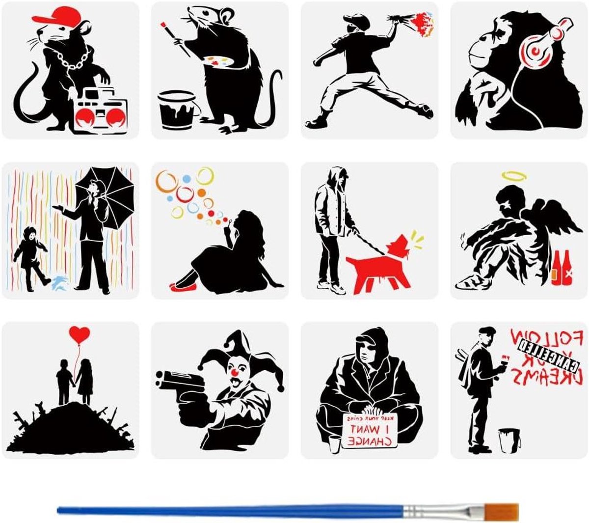 Provento - Set van 12 Banksy Thema Schilder Stencils met Penselen - Meisje Jongen Man Engelen Clown Chimpansees Ratten - Sjablonen voor Houten Schilderijen 30x30cm