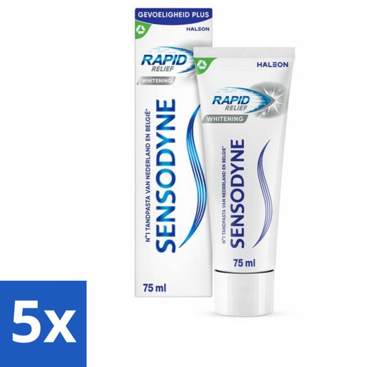 Sensodyne Rapid Relief Whitening tandpasta, 5 tubes van 75 ml, met blauwe golven.