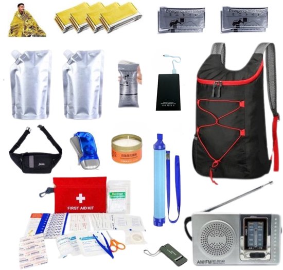 Essentials Compleet Noodpakket voor Thuis - Noodradio - Survivalradio - Overlevingspakket - EHBO Kit - GSM Nood Oplader - Rugzak - Waterfilter - 4x Warmtedeken - Noodkaars - 4x Nood Toilet - 1x Knijpkat Zaklamp - Noodfluit - 2x Waterzakken 1000ml