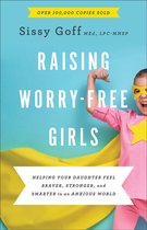 Boek 'Raising Worry-Free Girls' met een jong meisje in een superheldenkostuum met een gele cape en masker, met de tekst 'Raising Worry-Free Girls'.