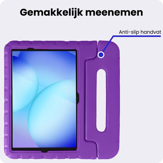Paarse kindvriendelijke tablethoes met anti-slip handvat en ingebouwd scherm.