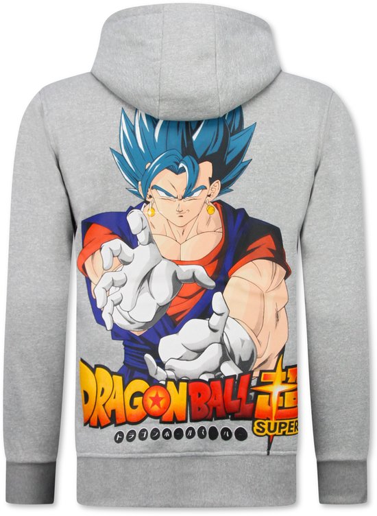 Grijze hoodie met capuchon, met op de rug een print van een anime karakter met blauw haar en het Dragon Ball Super logo.