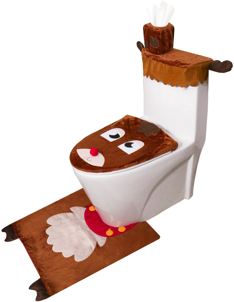 Toiletdeksel in de vorm van een kerstrendier, set van vier, badkamerdecoratie, bruin