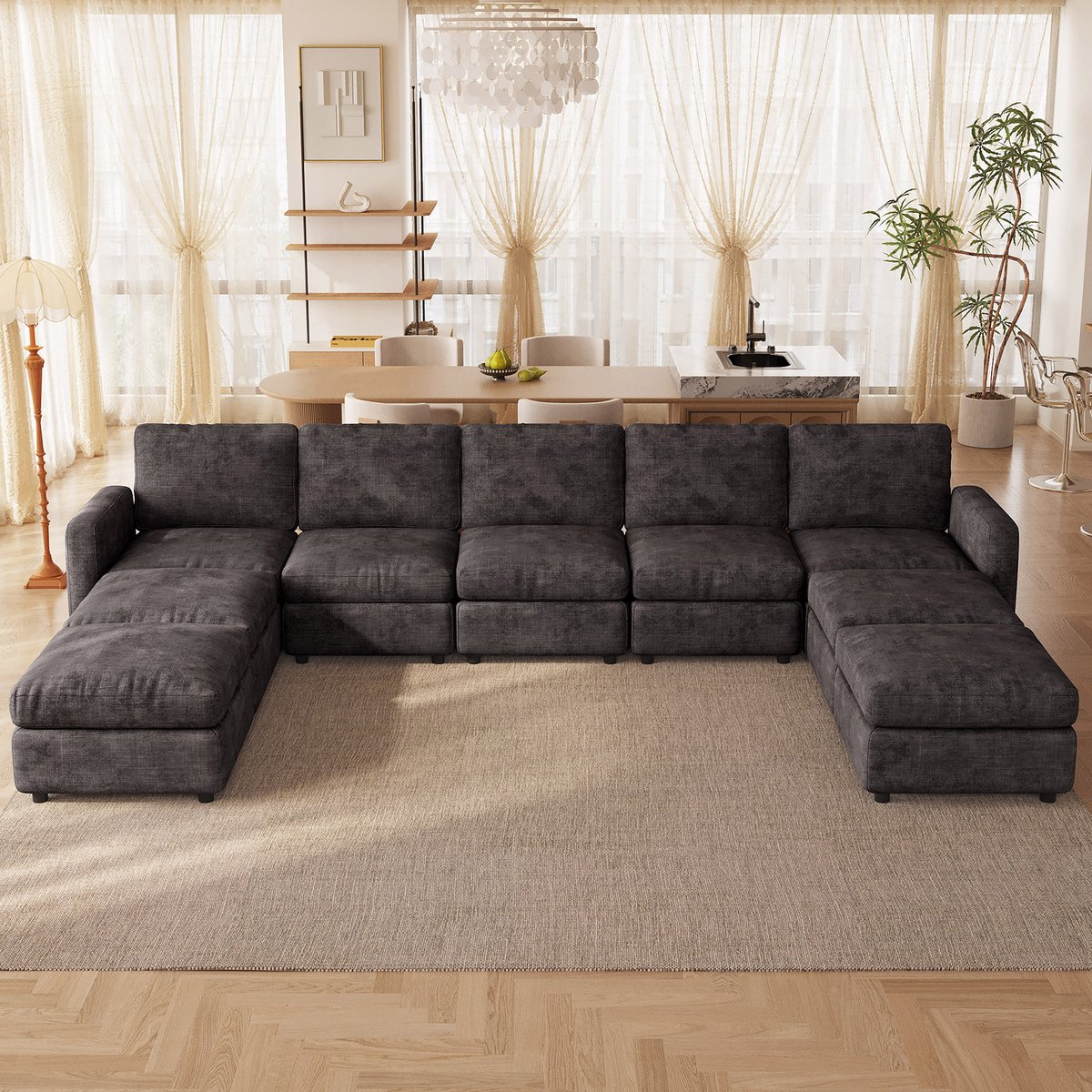 Guyii bank – Modulaire Hoekbank met Opbergruimte – Donkergrijs Fluweel – Comfortabele 9-Zits bank met Voetensteun – Totale breedte bank 365 cm sofa