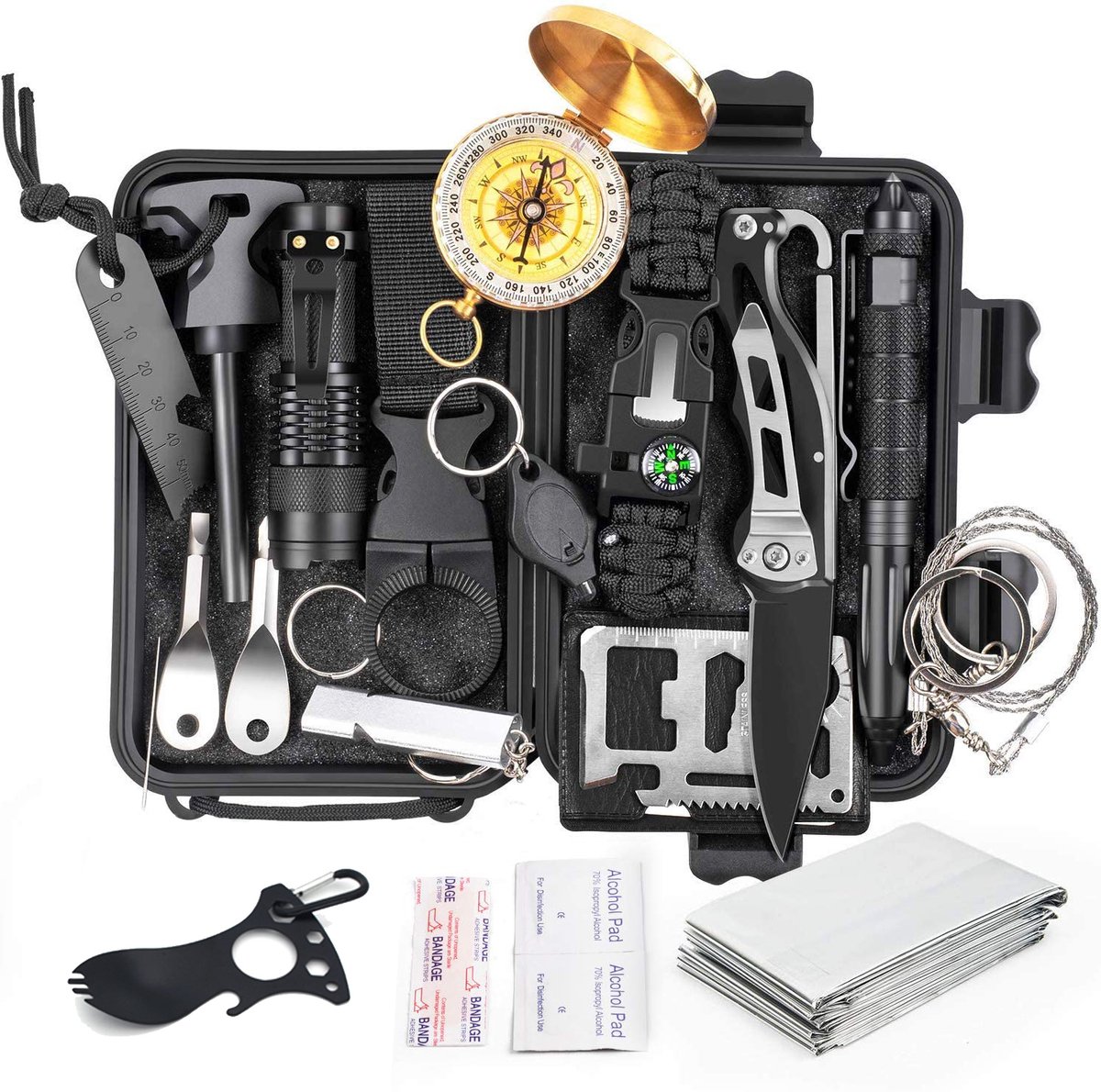 Survival kit, 18-in-1 multitool, noodpakket, overlevingspakket, outdoor uitrusting, camping survival set, zakmes, zaklamp met zoom, tactische pen, draadzaag, vuursteen, reddingsdeken, kompas, paracord armband, fluitje, EHBO pleisters