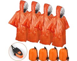 4-delige waterdichte en thermische noodponcho, duurzame en koude poncho, reflecterend, kampeer- en wandelponcho voor volwassenen, fietsregenjas, regenponcho voor buiten, oranje, fluitje.