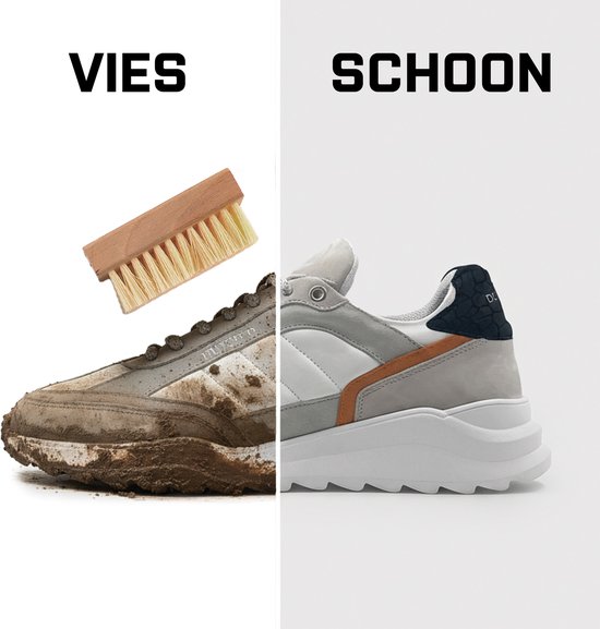 Een gesplitste afbeelding: links een vieze, modderige sneaker; rechts dezelfde sneaker schoon en grijs met witte zolen.