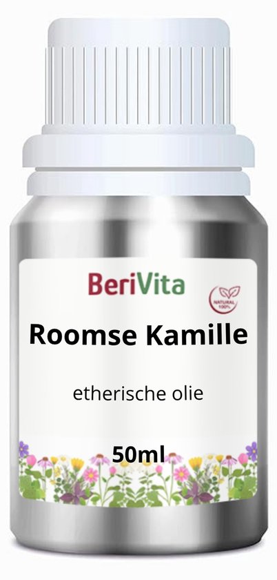 Zilverkleurige fles met witte dop, gelabeld met 'Roomse Kamille etherische olie 50ml' en bloemendetails.