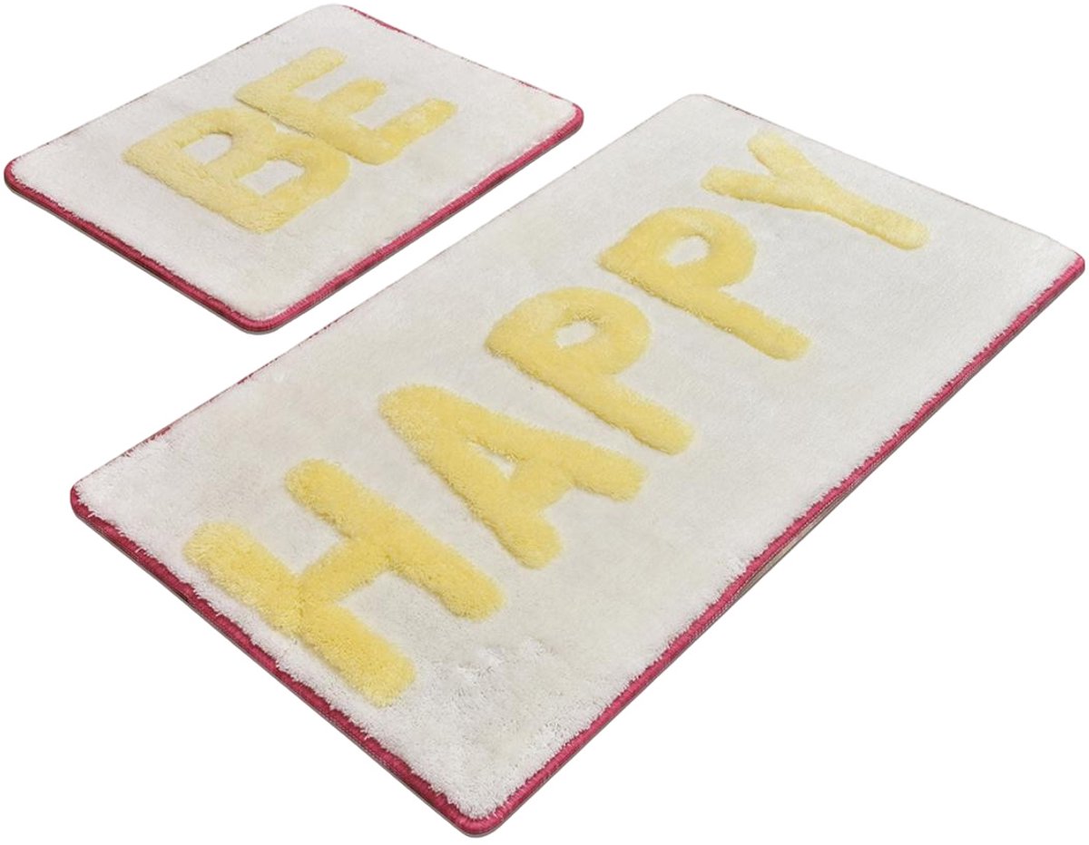 Bosdela Set van 2 badkamermatten 60 x 100 cm + 50 x 60 cm badkamermatten, wasbaar, zacht en comfortabel – toiletmat + badmat – ideaal voor badkamer en toilet, met geel-crème kleur