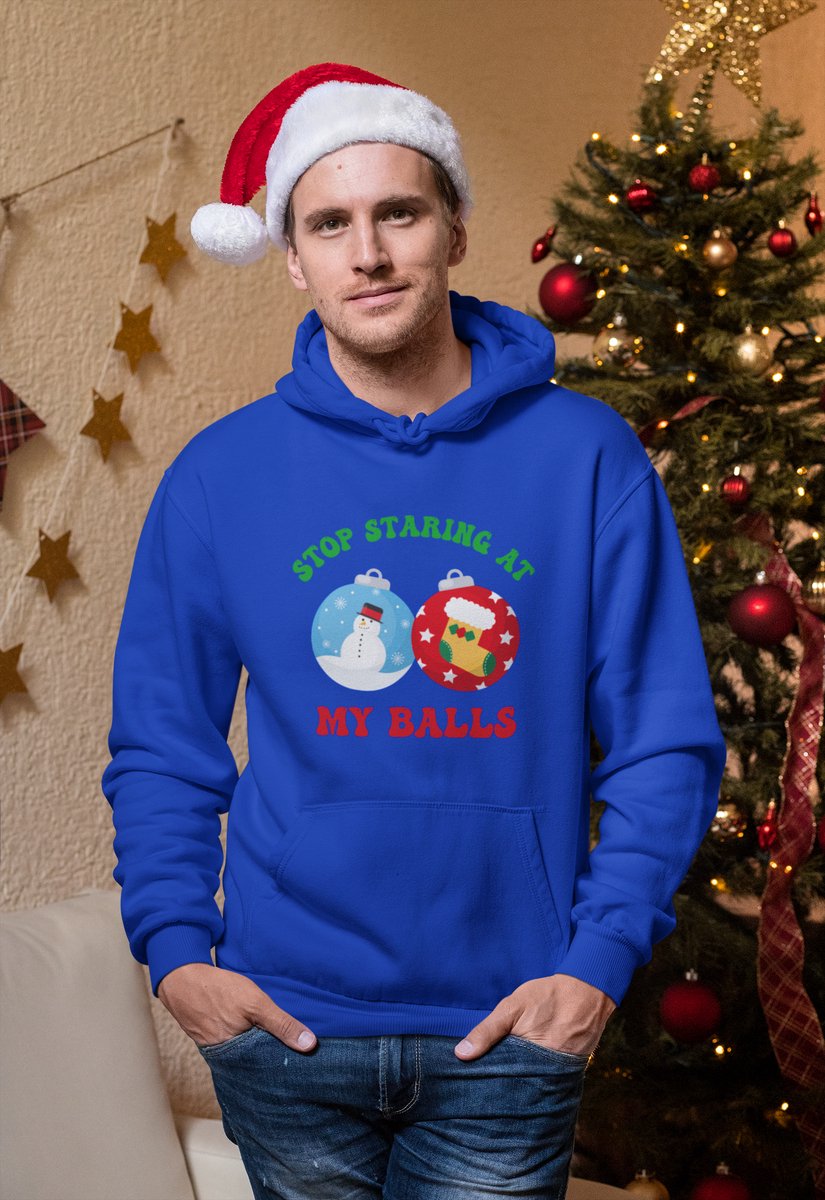 Stop Staring At My Balls - Kersttrui - Kerst Trui Blauw - Grappig Kersttrui - Maat XXL - Limited Edition