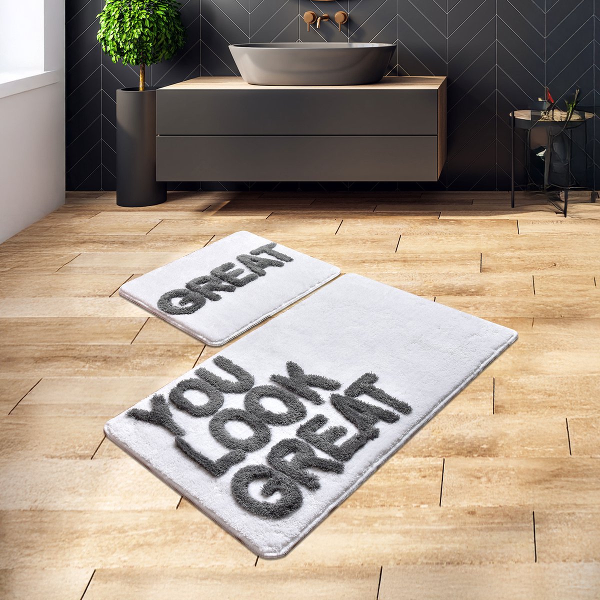 Bosdela Set van 2 badkamermatten, wasbaar, zacht en comfortabel – toiletmat + badmat – ideaal voor badkamer en toilet, met 60 x 100 cm + 50 x 60 cm
