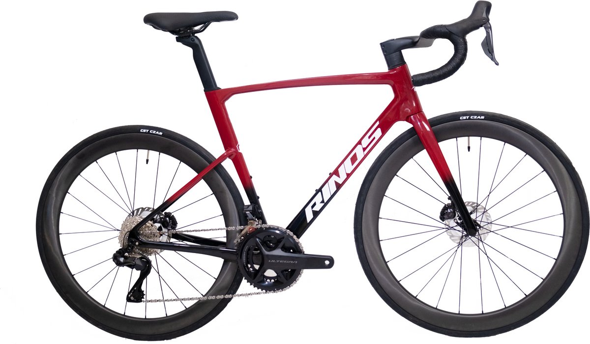 Rinos Odin 7.1 Carbon Road - Racefiets - met UCI Frameset - met SHIMANO Ultegra Di2 - 24 versnellingen en schijfremmen - lichte fiets voor dames en heren -Wielen van koolstofvezel - 700 x 40C - Zwart en Rood -XL-58
