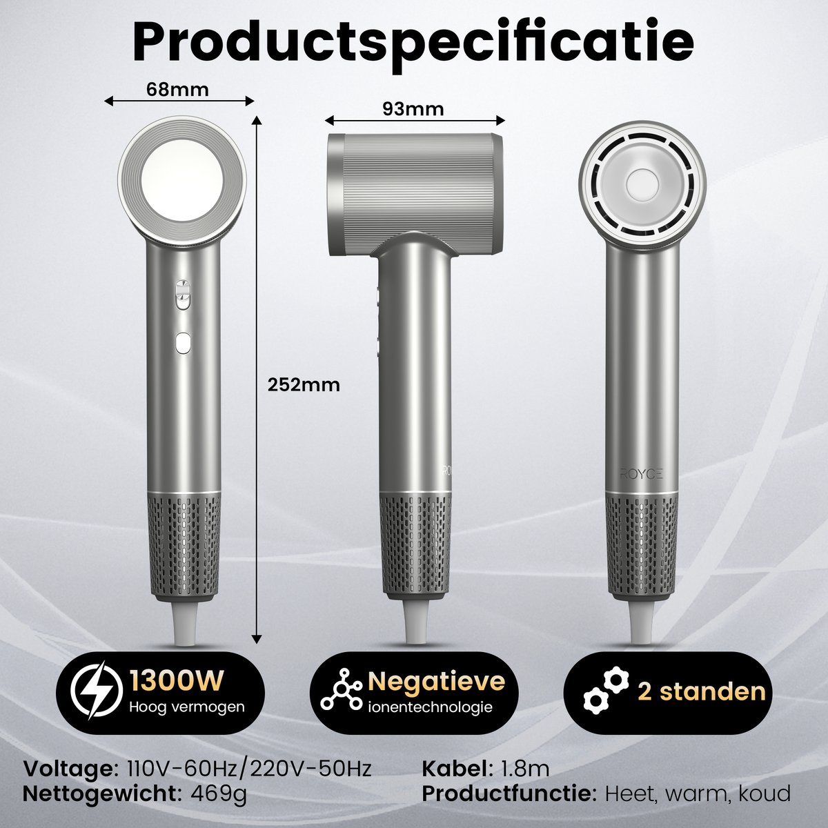 Royce Professionele Föhn - Föhn met Diffuser - Haardroger - Ionische Functie - Coolshot - Fohn met Diffuser en Nozzle thumbnail 7
