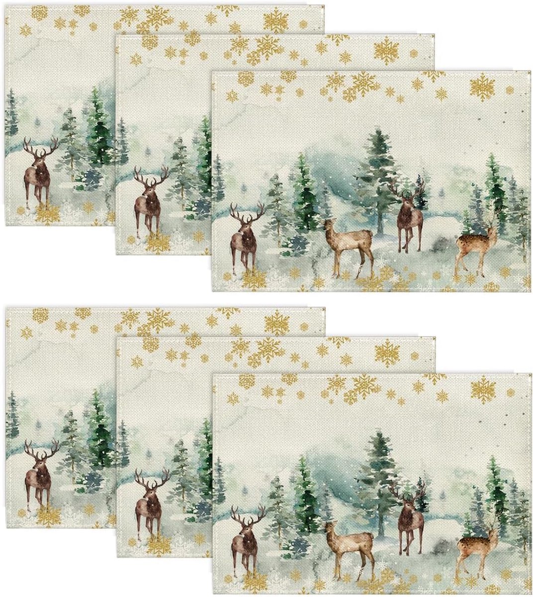 Sander Shop Aquarel Herten Bomen Sneeuwvlokken Kerst Placemats Set van 6, 30 x 45 cm Seizoensgebonden Winter Xmas Vakantie Vintage Wasbare Tafelmatten