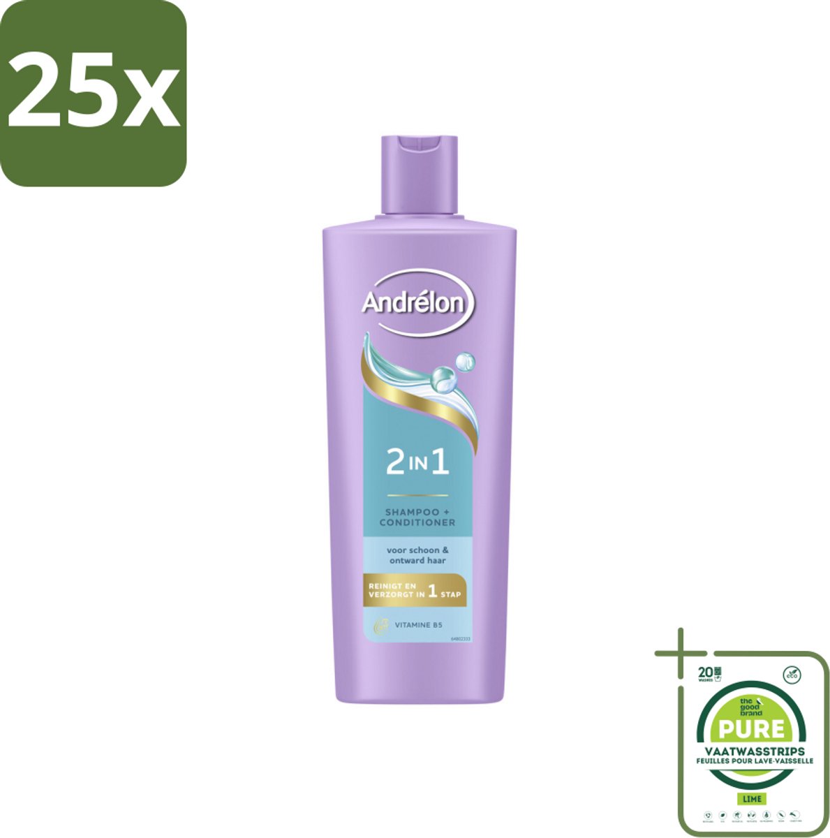 25 x Andrélon – Shampoo 2-in-1 – Iedere Dag – 400 ml - Grootverpakking - Haar Verzorgen - Haar Reinigen - Shampoo En Conditioner - Vitamine B5 - 2-in-1 Shampoo