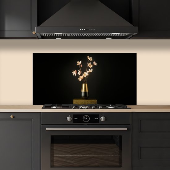 Spatscherm 90x45 cm - Zelfklevende achterwand Sierlijk - Boeket - Goud - Vaas - Keuken muurbeschermer - Spatwand fornuis