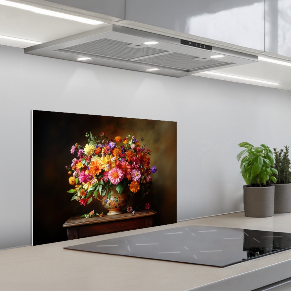 KitchenYeah Spatscherm 60x45 cm Zelfklevende achterwand Kleuren Boeket Vaas Hout Keuken muurbeschermer Spatwand fornuis