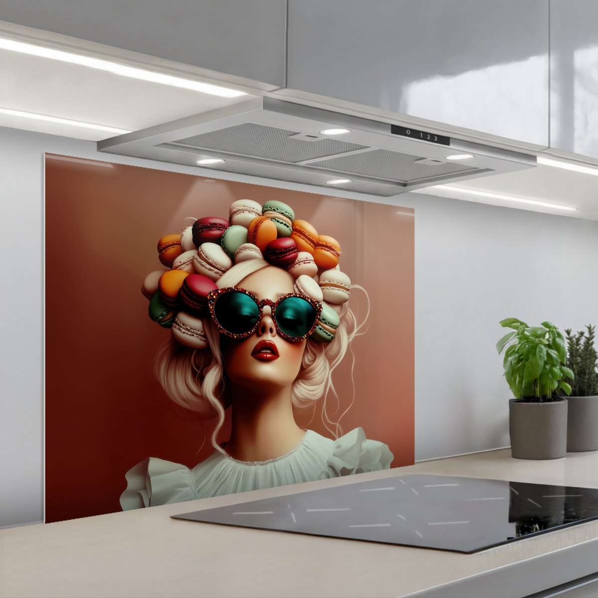 KitchenYeah Spatscherm 80x60 cm Zelfklevende achterwand Vrouw Macarons Bril Keuken muurbeschermer Spatwand fornuis