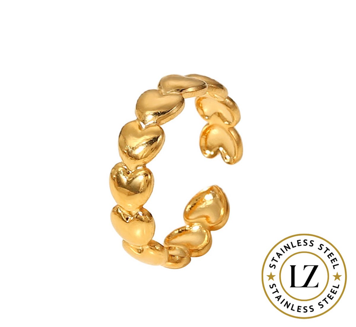LOUIZ Gouden ring met hartjes - Cadeautje voor Haar - Stainless Steel - Ring hartje dames - Hypoallergeen en waterproof