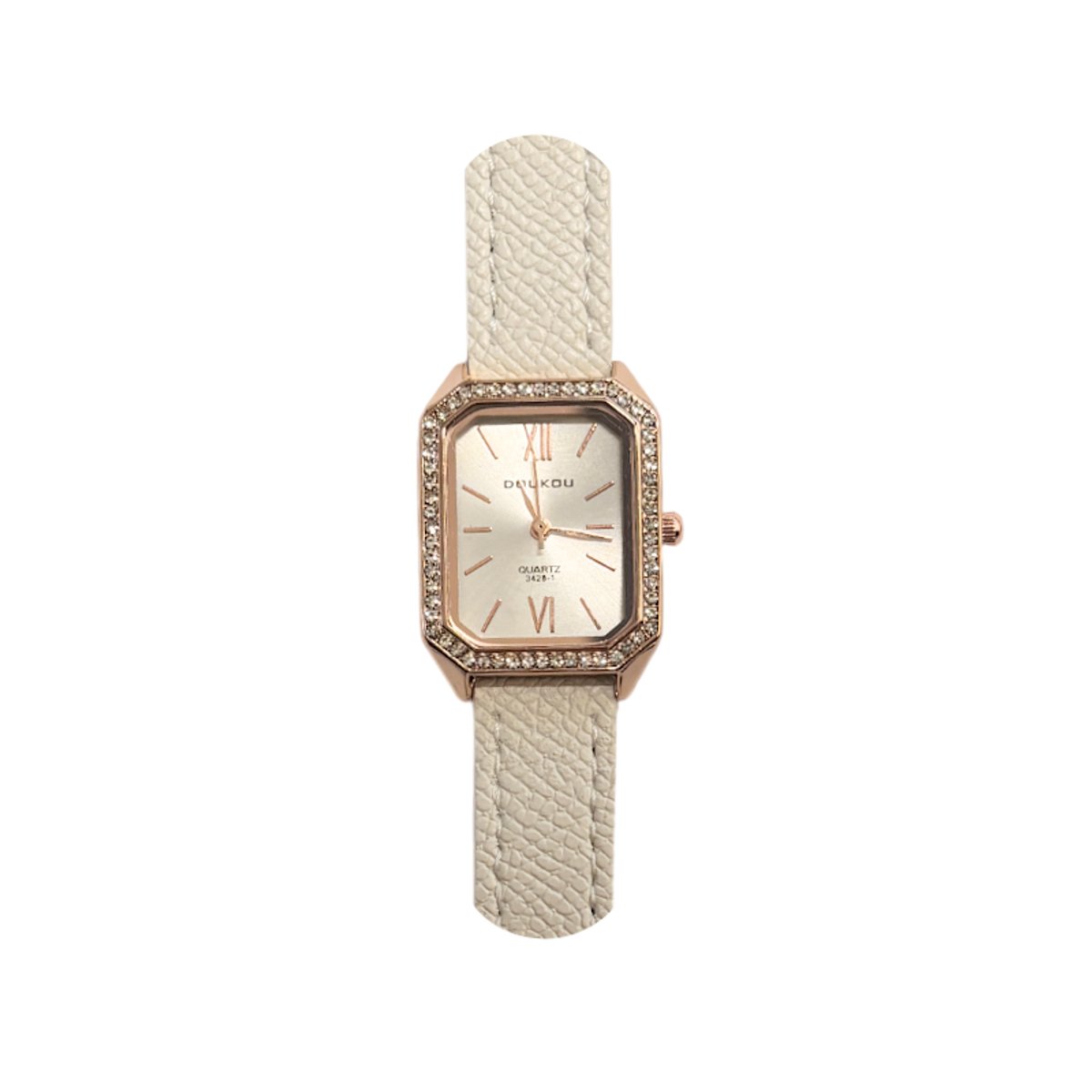 Doukou Strass Horloge - Crème | Kunstleer | Rechthoek | Fashion Favorite