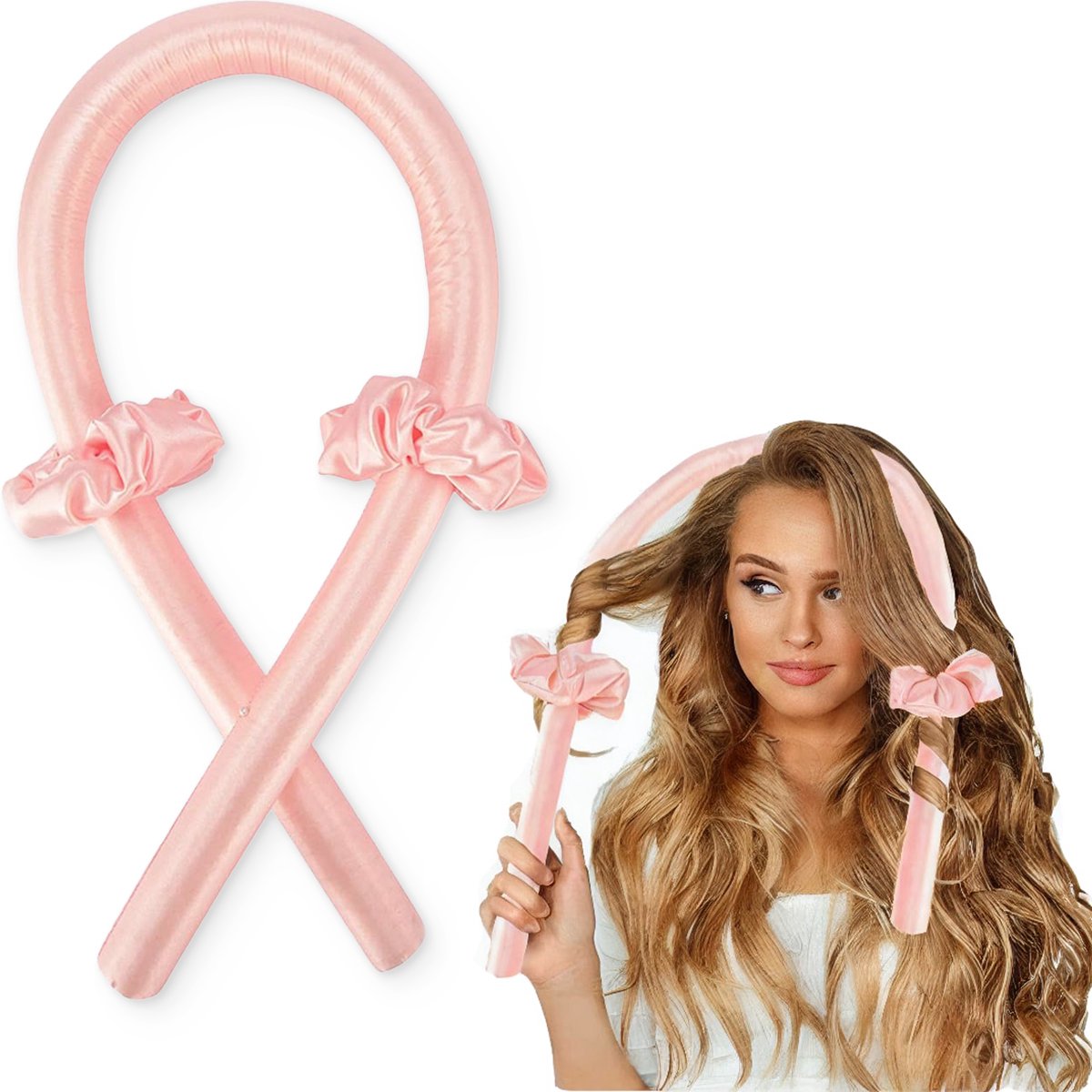 Loti Living Heatless Curls Set – Roze – Hittevrije Krullen zonder Beschadiging – Haarrollers – Haarkruller – Krullen zonder hitte – Inclusief 2 Scrunchies