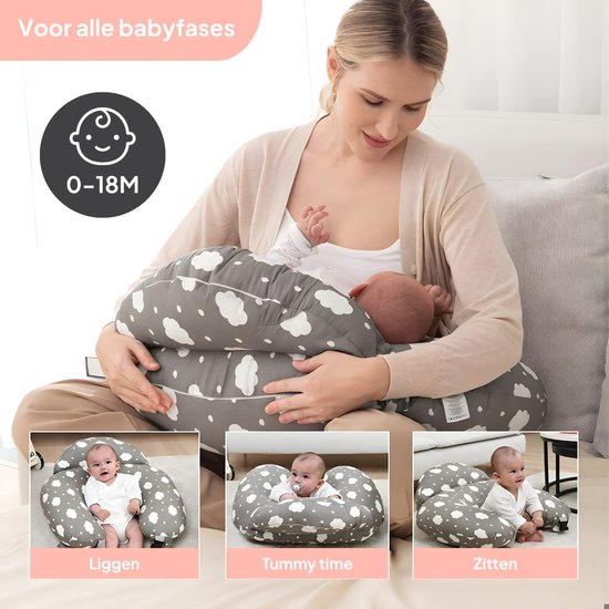 Moeder met baby in voedingskussen met wolkjespatroon. Geschikt voor alle babyfasen: liggen, tummy time, zitten.