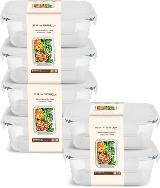 Erikssøn Kitchen Meal Prep Bakjes Set - Glazen Vershoudbakjes - 6 Stuks 1040 ml - BPA Vrij - Luchtdicht - Vershouddoos - Diepvriesbakjes - Met Deksel