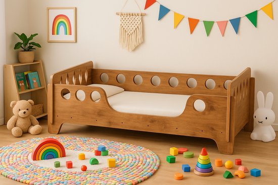 Houten peuterbed met ronde openingen en een witte matras, naast een teddybeer en een konijn.