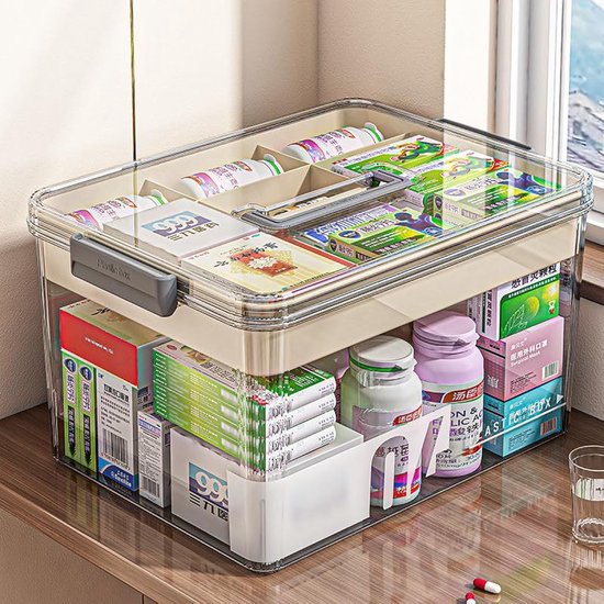 Boîte Rangement Médicaments 2 Étages - Grand Organisateur Pharmacie Transparent Avec Poignée