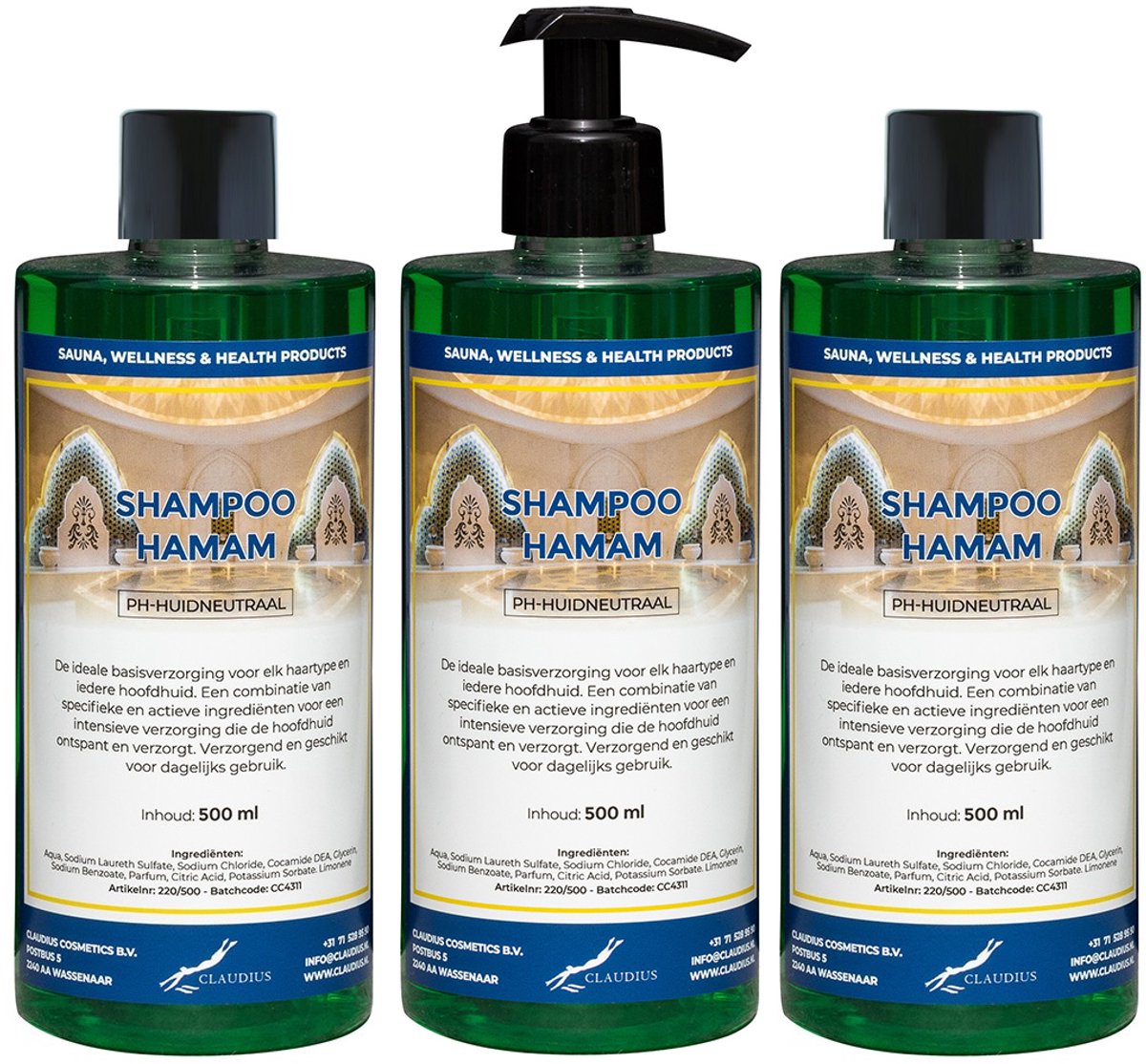 Shampoo Hamam 500 ml met zwarte pomp - set van 3 stuks - voordeelverpakking - haarverzorging