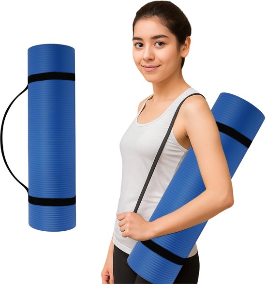 Endless NBR Yogamat 180x61x1 cm met Draagriem – Extra Dikke Antislip Fitnessmat – Zachte & Comfortabele Sportmat voor Yoga, Pilates, Fitness, Stretching & Gym Training – Lichtgewicht Trainingsmat voor Thuis & Sportschool – Blauw