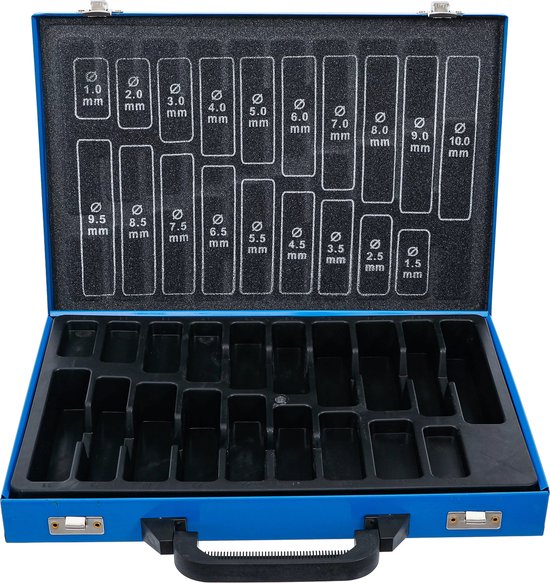 Boîtier bleu métallique ouvert avec intérieur en mousse noire comprenant 28 découpes pour forets, marquées avec des diamètres de 1.0 à 10.0 mm.