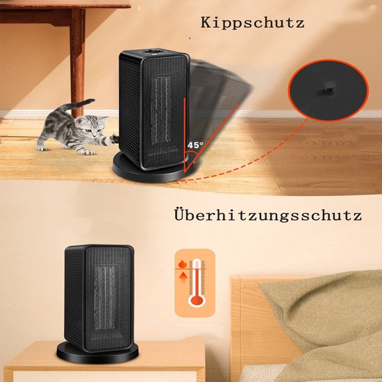Zwarte verwarming met kantelbescherming en oververhittingsbeveiliging.