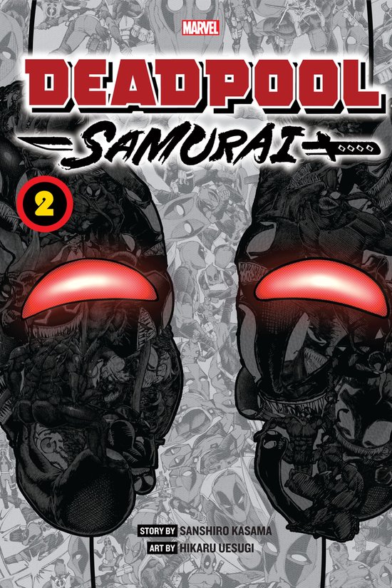 Comic "Deadpool: Samurai 2" met grote Deadpool-maskers en veel stripfiguren op de achtergrond.