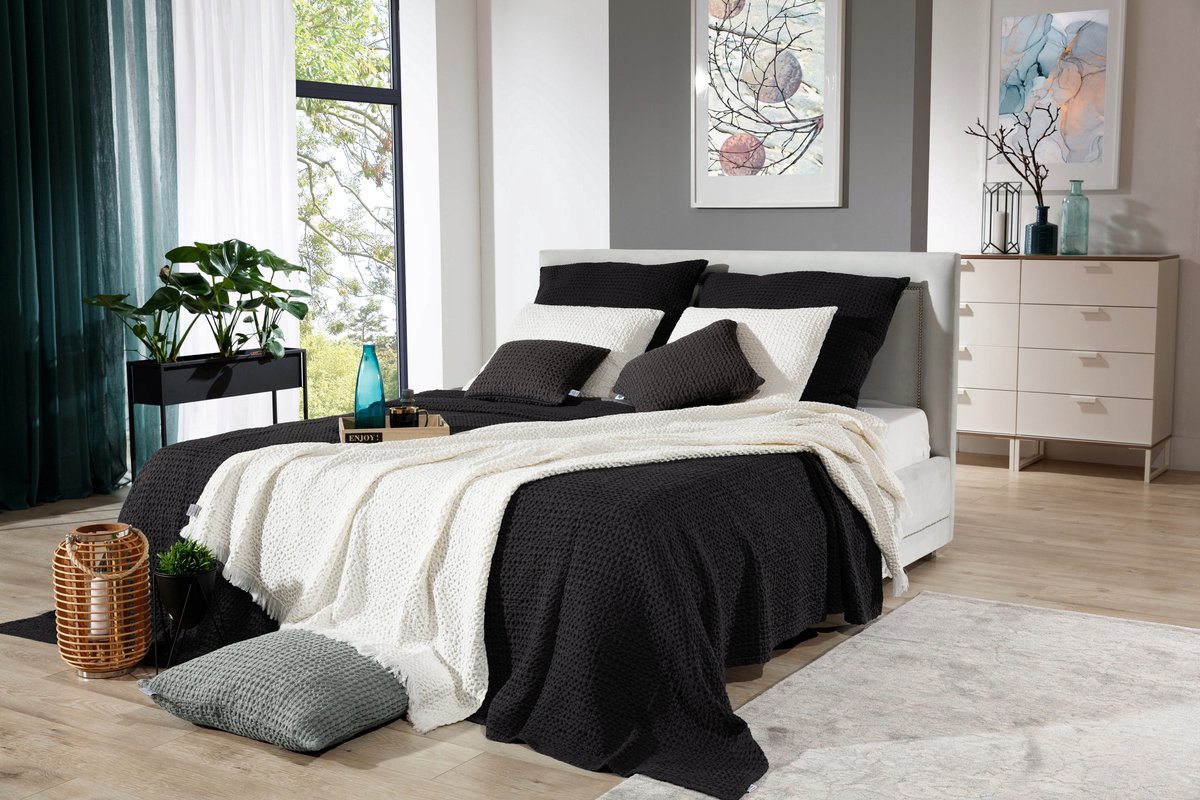 Zwarte Katoenen Wafel Sprei 240x260cm - Zacht & Duurzaam