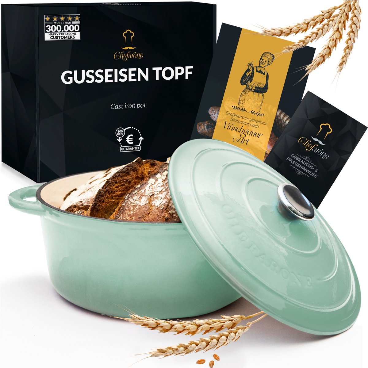 Chefarone Gietijzeren Pan 4.7L - Braadpan Inclusief Deksel - Geschikt Voor Alle Warmtebronnen - Geëmailleerd Groen