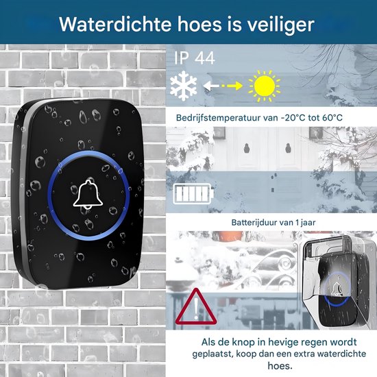 Draadloze deurbelset zwart IP44 waterbestendig, groot bereik en instelbaar volume, eenvoudig te installeren voor binnen, voordeur en tuin — afbeelding 3