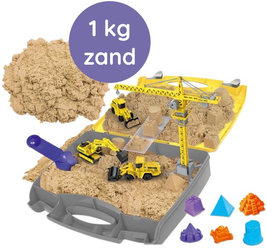 Speelzand Bouwset in Koffer met Bouwvoertuigen, Zandvormpjes en Gereedschap – Educatief en Sensorisch Speelgoed voor Kinderen – Cadeau voor Sinterklaas, Kerst of Verjaardag